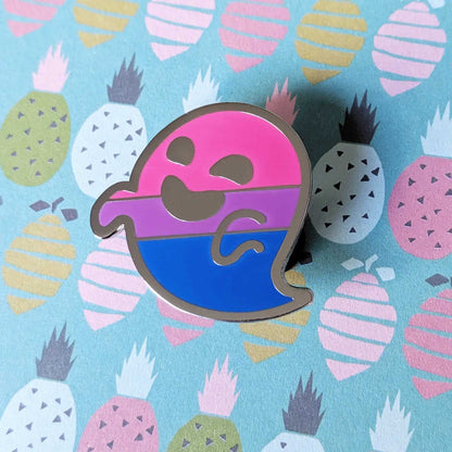 Gaysper Friends Hard Enamel Pride Pins by Cunning Linguist Co, silver ghost pin with pink rainbow