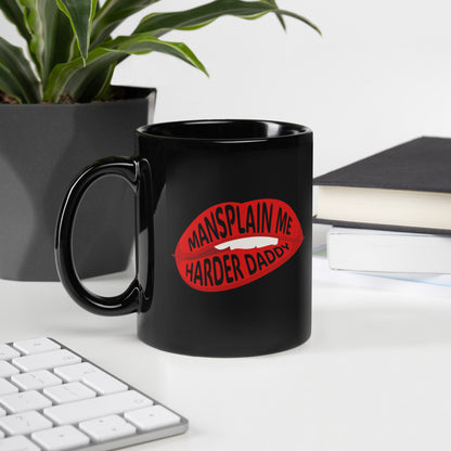 Mansplain Me Harder Daddy Lip Bite Statement Mug by Spinsterly Co, glossy black ceramic with red graphic