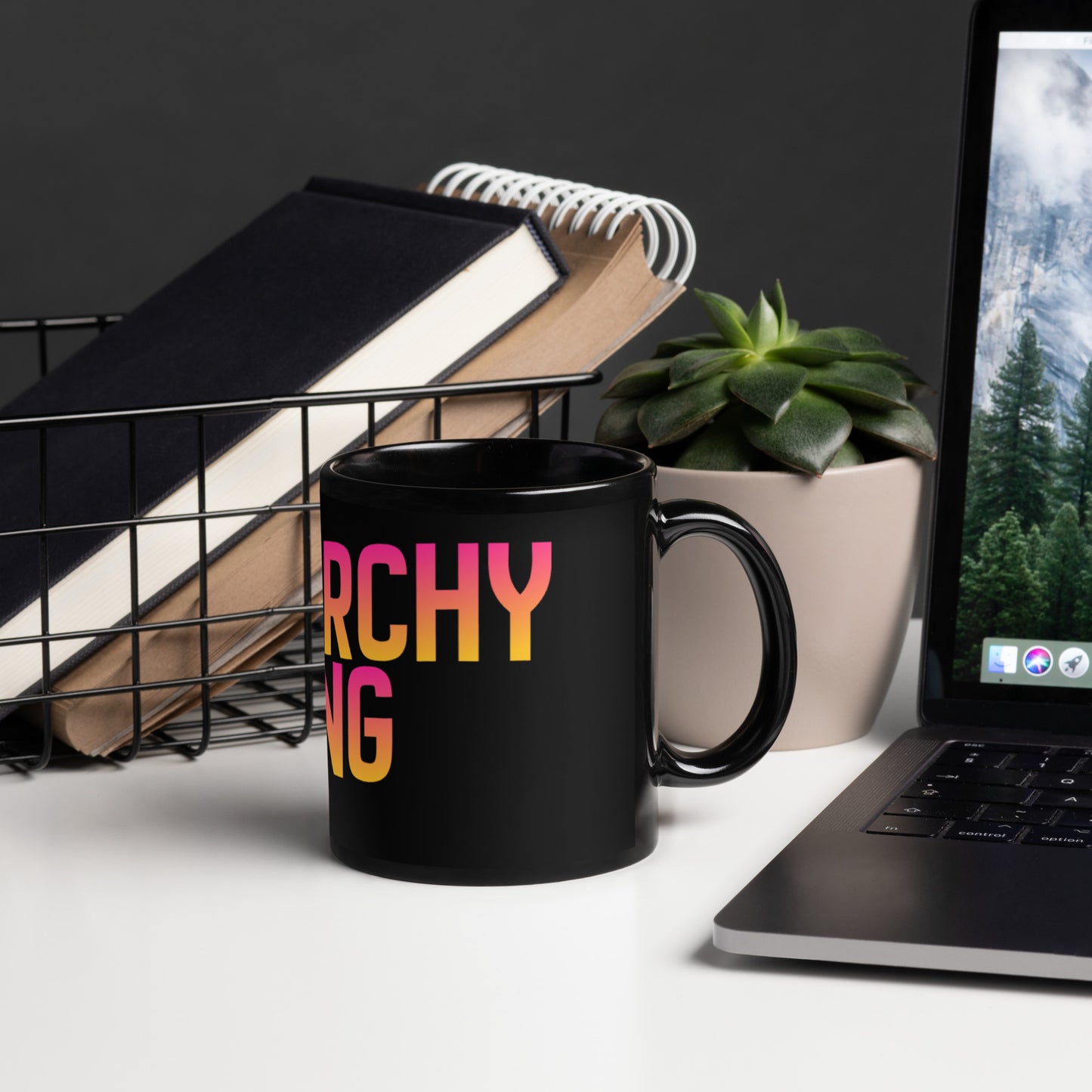 Matriarchy Rising Sunrise Feminist Statement Mug by Spinsterly Co, glossy black ceramic with sunrise gradient print