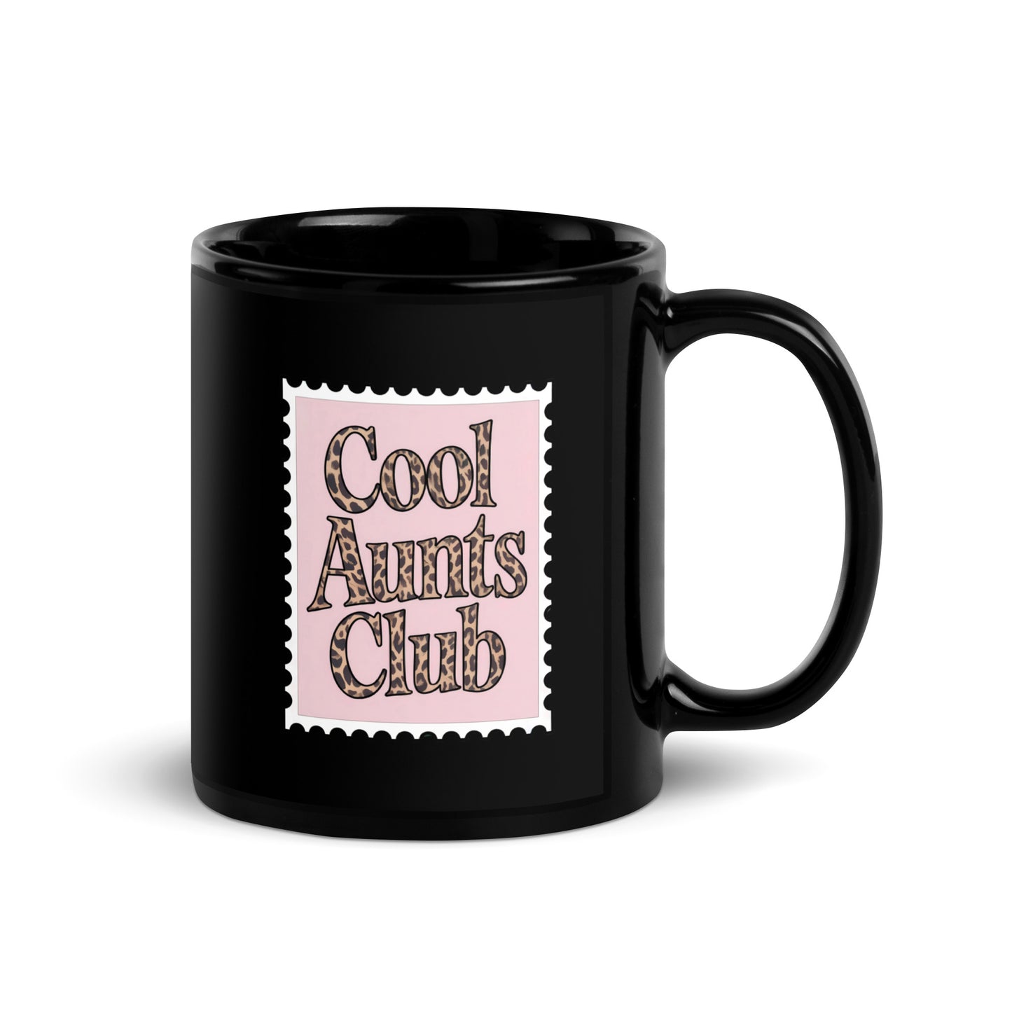 Cool Aunts Club Leopard Print Stamp Black Glossy Mug by Spinsterly Co, glossy black ceramic with centered stamp graphic