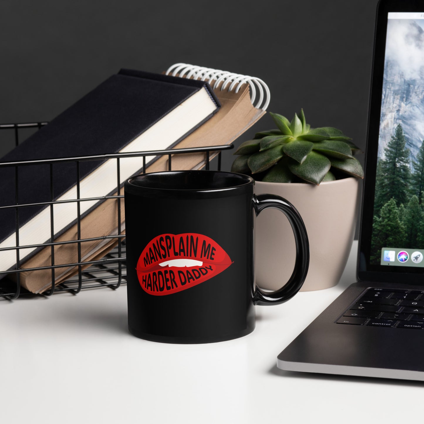 Mansplain Me Harder Daddy Lip Bite Statement Mug by Spinsterly Co in glossy black ceramic with red lips graphic