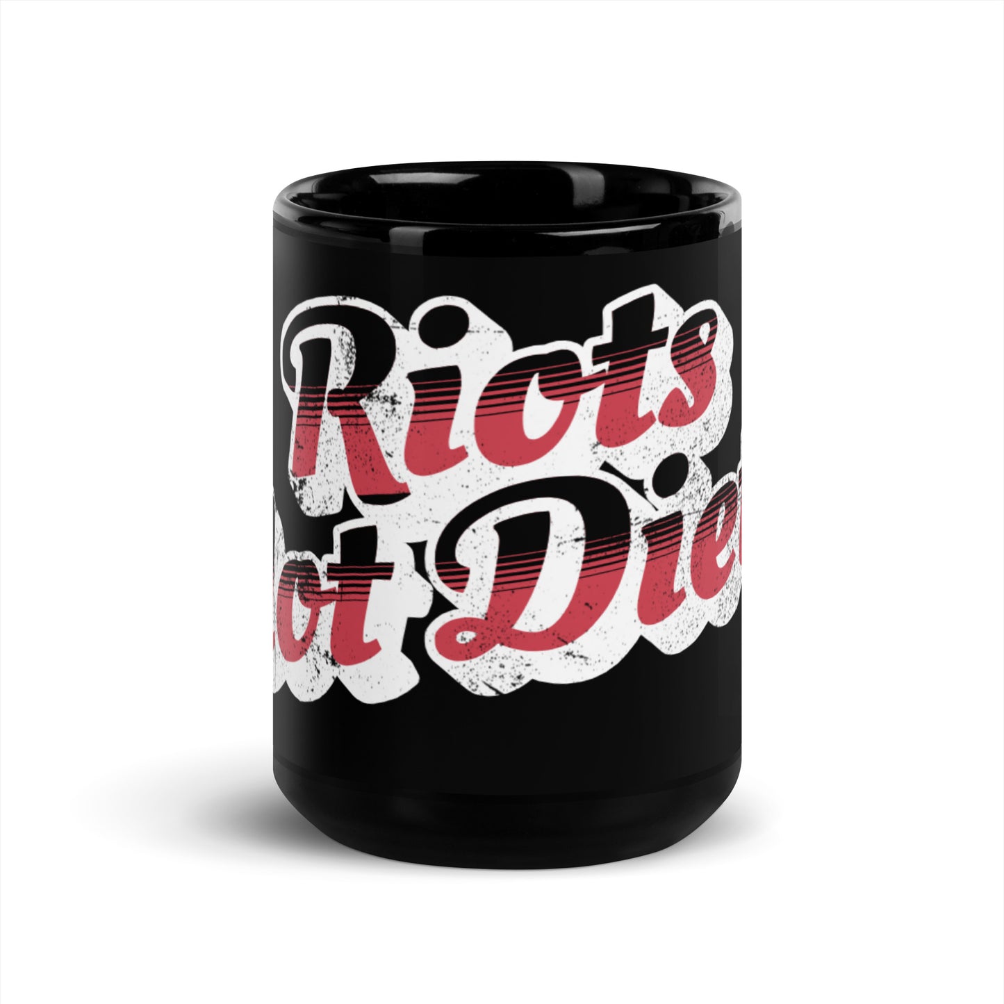 Riots Not Diets Distressed Retro Script Black Glossy Mug by Spinsterly Co, black ceramic with wrap typography