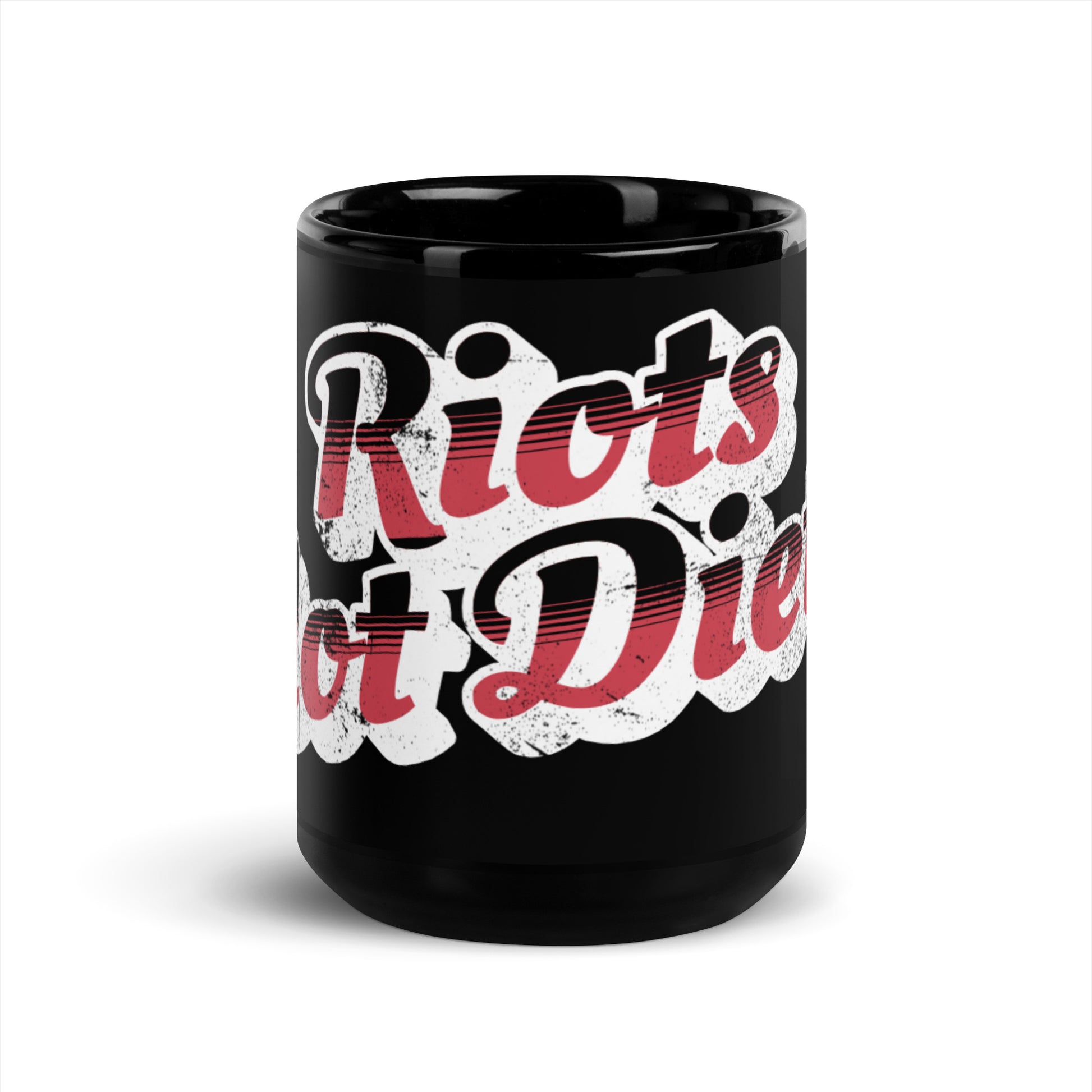 Riots Not Diets Distressed Retro Script Black Glossy Mug by Spinsterly Co, black ceramic with wrap typography