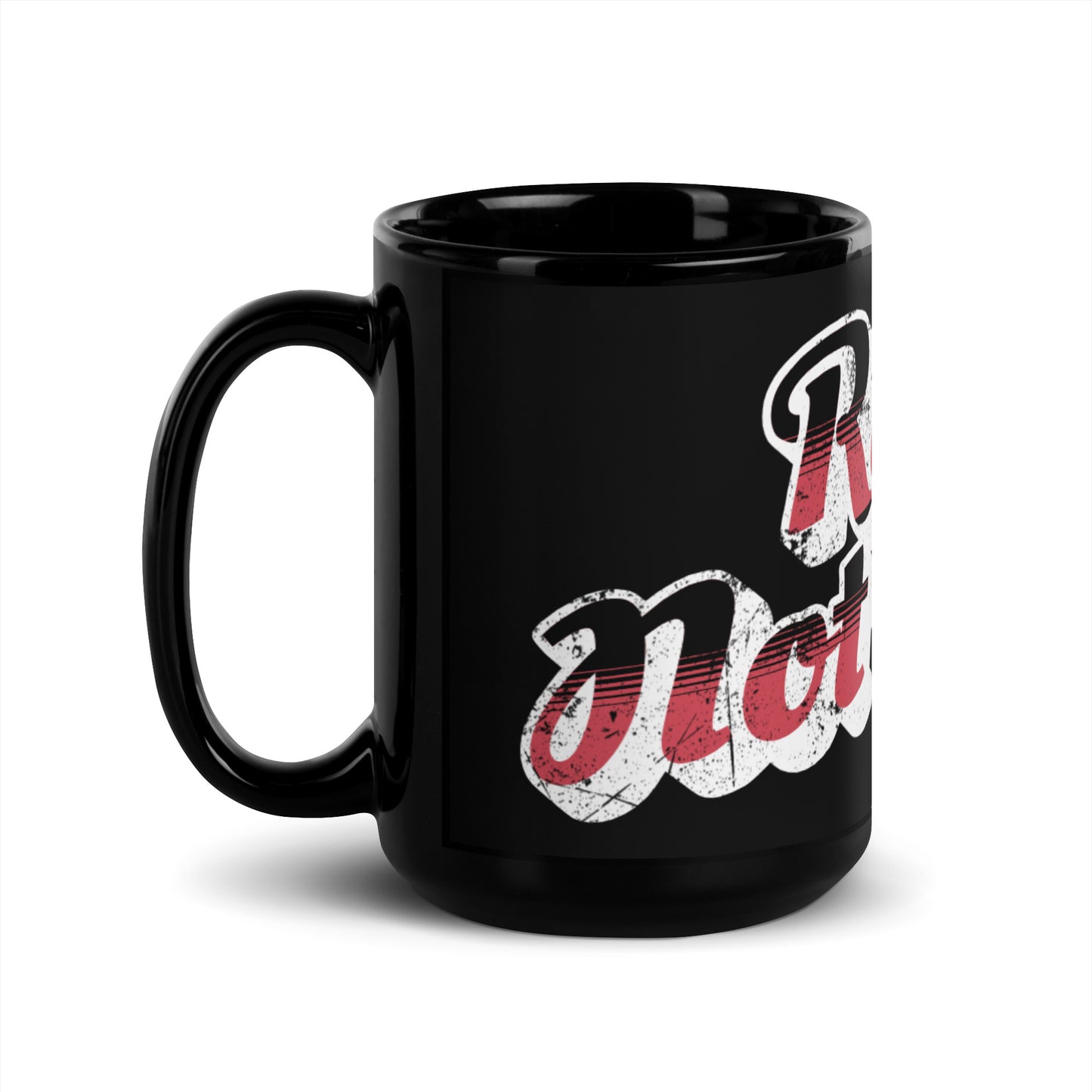 Riots Not Diets Distressed Retro Script Black Glossy Mug by Spinsterly Co, black glossy ceramic with wrap typography