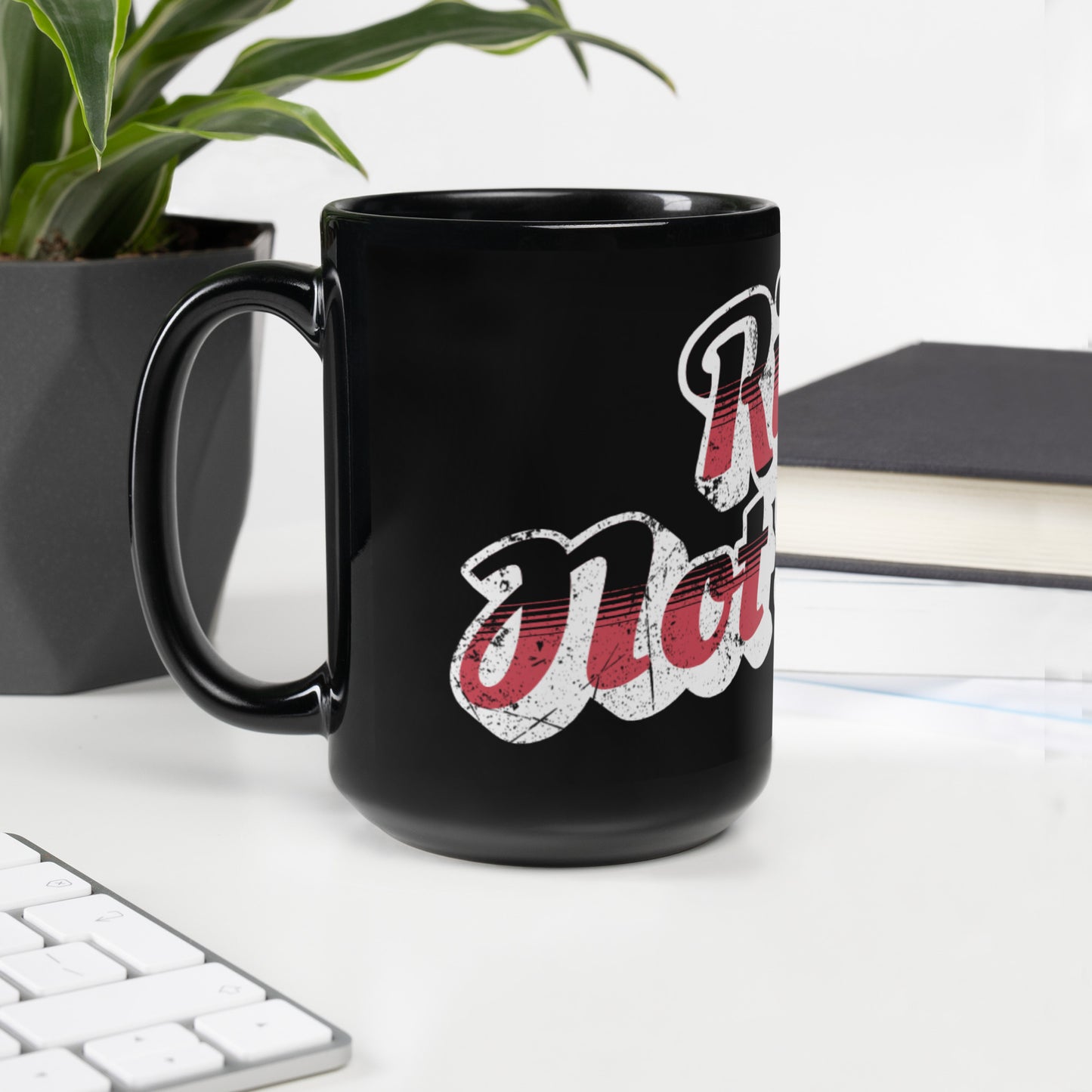Riots Not Diets Distressed Retro Script Black Glossy Mug with Spinsterly Co full-face wrap typography