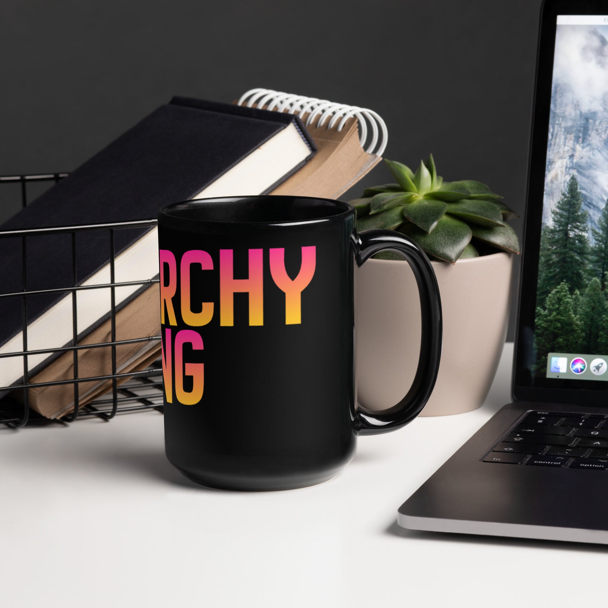 Matriarchy Rising Sunrise Feminist Statement Mug by Spinsterly Co in glossy black with sunrise graphic on both sides