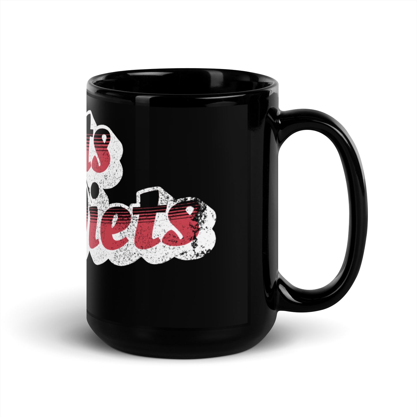Riots Not Diets Distressed Retro Script Black Glossy Mug Spinsterly Co glossy black ceramic mug with wrap typography