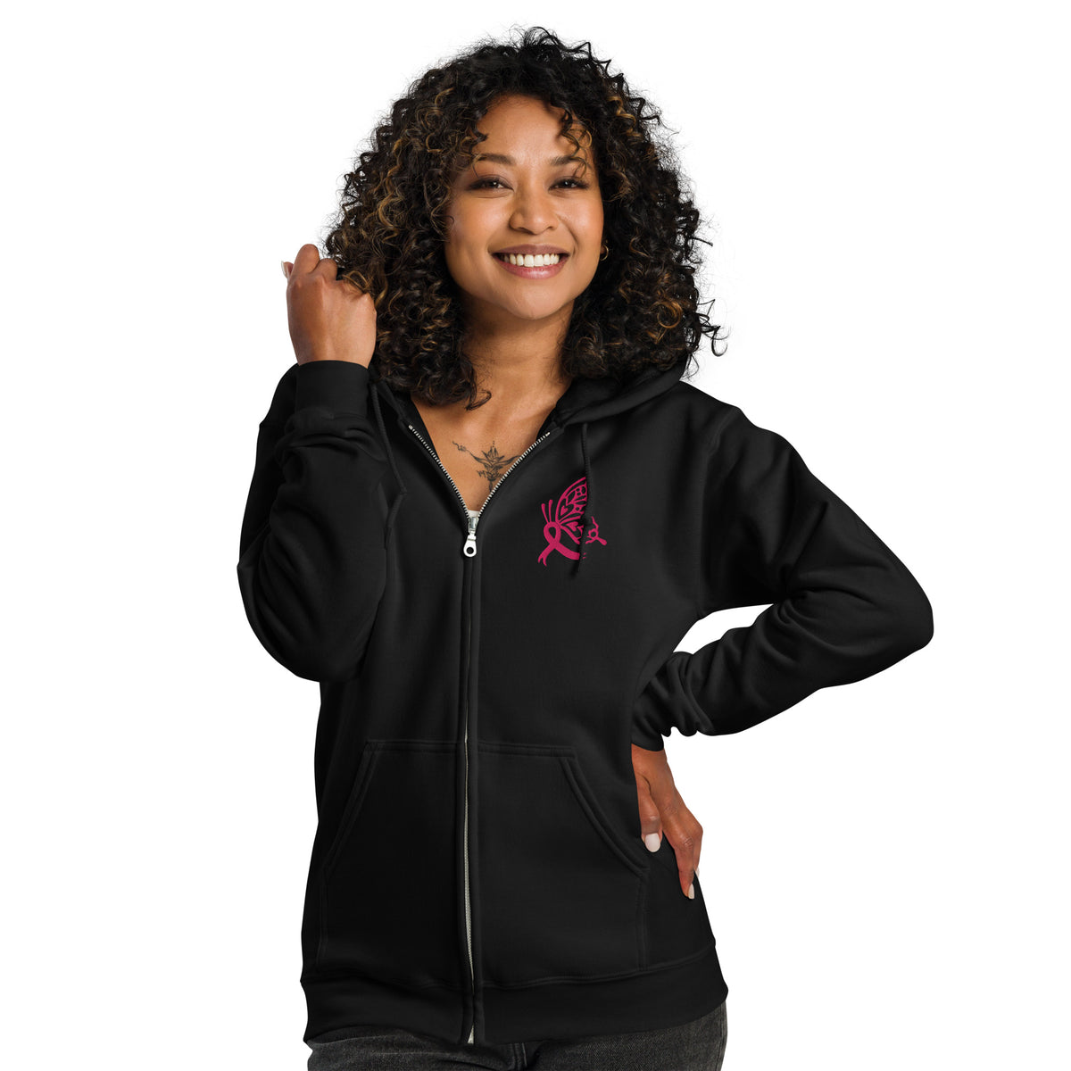 Breast Cancer Awareness Embroidered Zip Hoodie | Pink Butterfly Ribbon | Spinsterly Co - Spinsterly Co