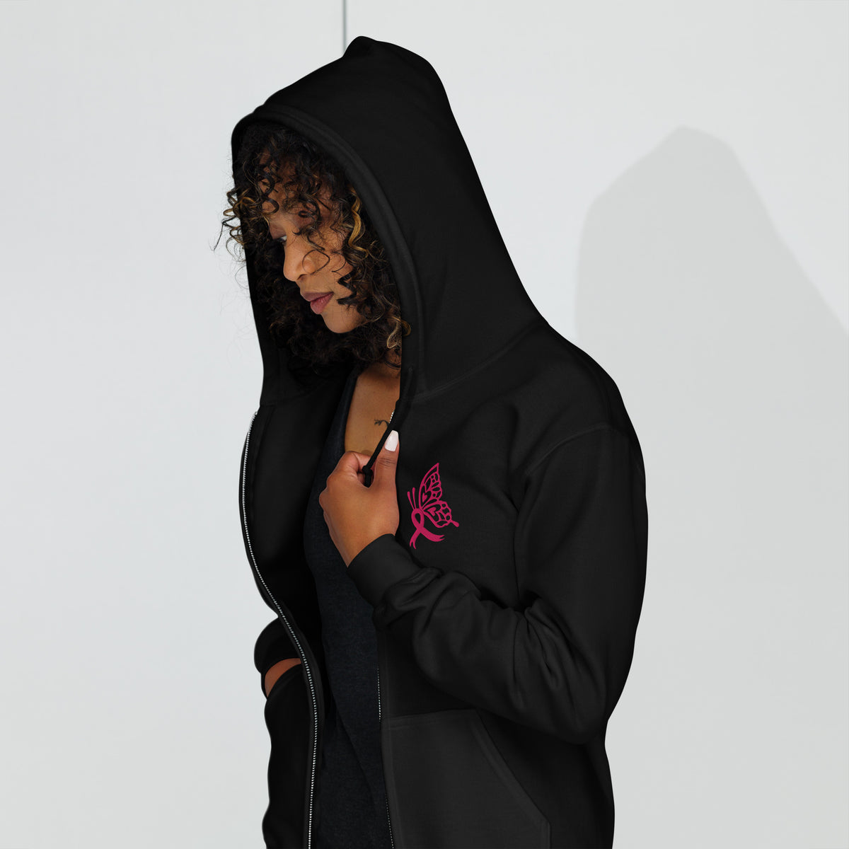 Breast Cancer Awareness Embroidered Zip Hoodie | Pink Butterfly Ribbon | Spinsterly Co - Spinsterly Co