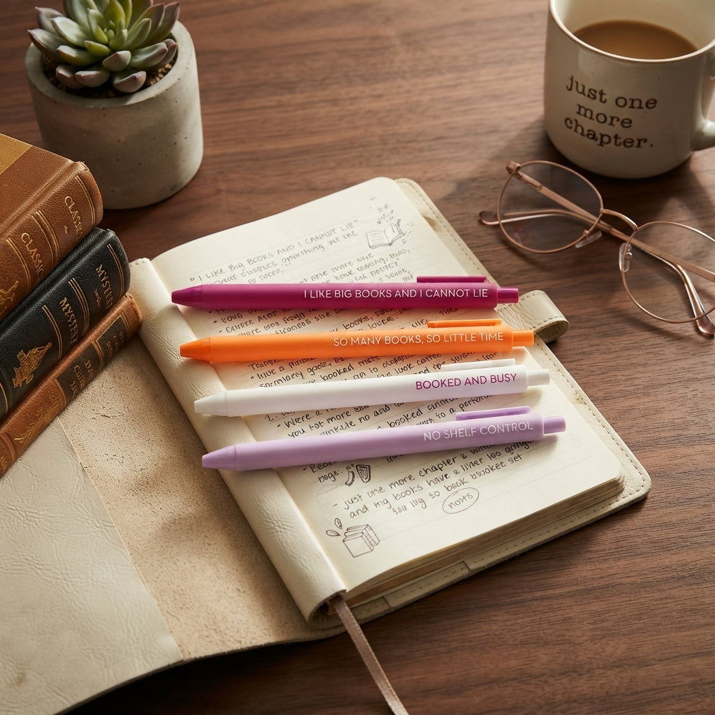 Four colored highlighters with printed book-themed quotes are arranged on an open notebook on a wooden desk, surrounded by books, a mug, glasses, and a small succulent.