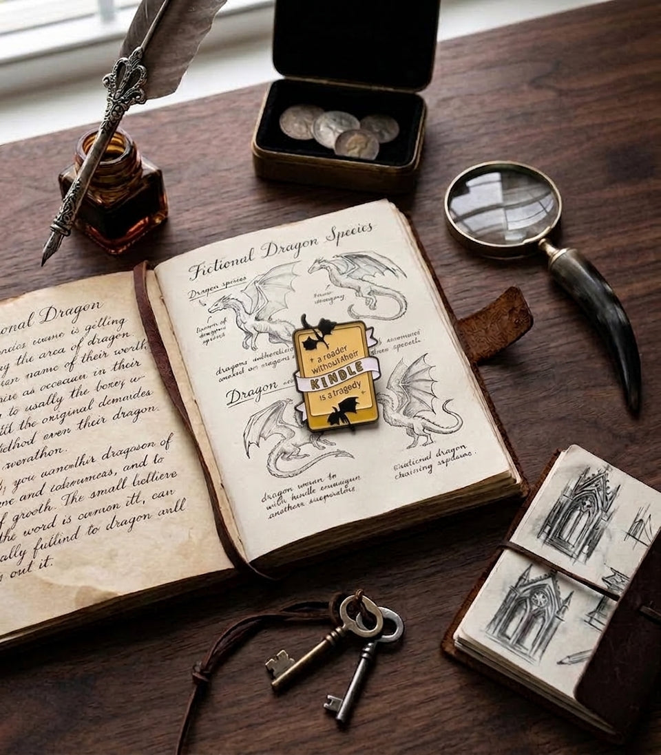 An open vintage-style illustrated journal on a wooden desk, featuring fantasy dragon drawings and the title 'Folklore Dragon Species.' A small gold enamel lapel pin reading 'a reader without their kindle is a tragedy' is pinned to the page.