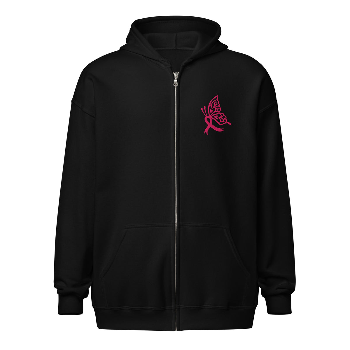 Breast Cancer Awareness Embroidered Zip Hoodie | Pink Butterfly Ribbon | Spinsterly Co - Spinsterly Co