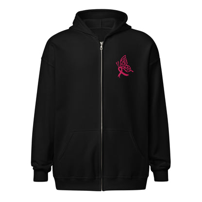 Breast Cancer Awareness Embroidered Zip Hoodie | Pink Butterfly Ribbon | Spinsterly Co - Spinsterly Co