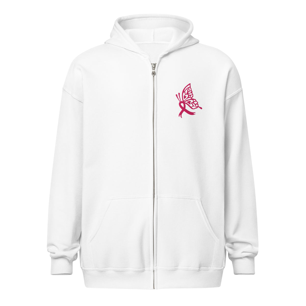 Breast Cancer Awareness Embroidered Zip Hoodie | Pink Butterfly Ribbon | Spinsterly Co - Spinsterly Co