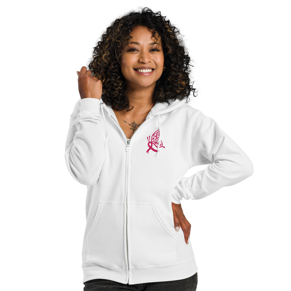 Breast Cancer Awareness Embroidered Zip Hoodie | Pink Butterfly Ribbon | Spinsterly Co - Spinsterly Co