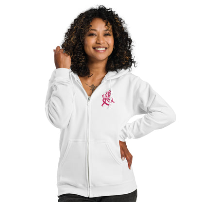 Breast Cancer Awareness Embroidered Zip Hoodie | Pink Butterfly Ribbon | Spinsterly Co - Spinsterly Co