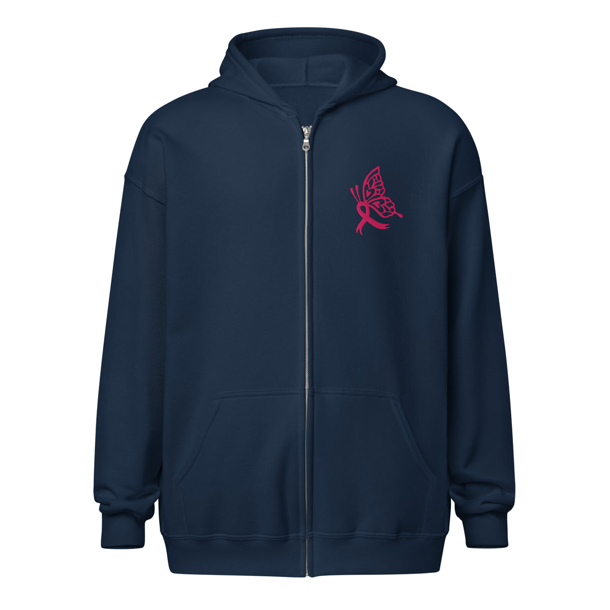 Breast Cancer Awareness Embroidered Zip Hoodie | Pink Butterfly Ribbon | Spinsterly Co - Spinsterly Co