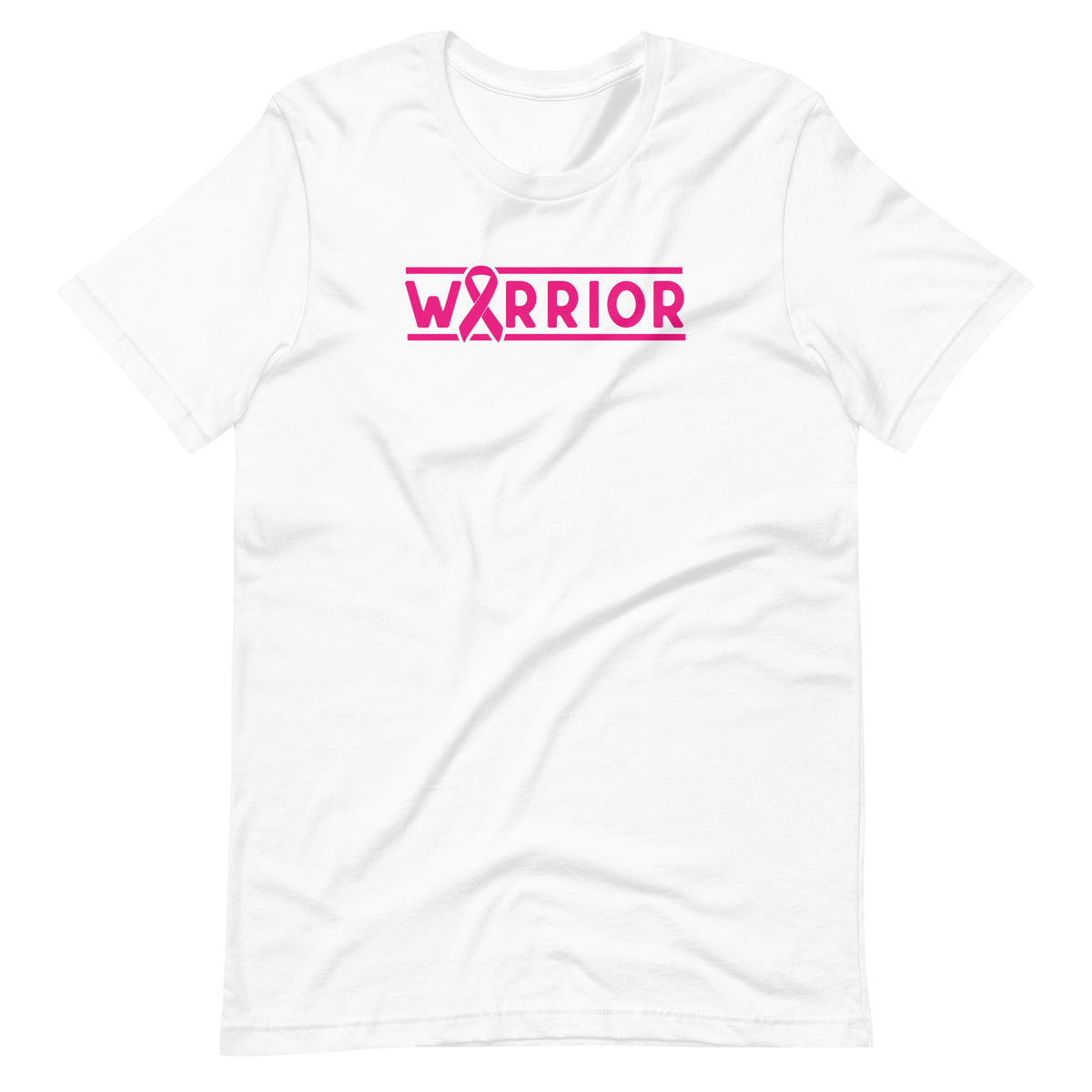 A white short-sleeve crewneck t-shirt featuring a pink breast cancer awareness graphic on the chest that reads 'W A R R I O R' with a pink ribbon integrated into the letter 'W'.