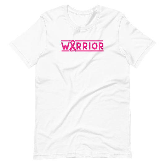A white short-sleeve crewneck t-shirt featuring a pink breast cancer awareness graphic on the chest that reads 'W A R R I O R' with a pink ribbon integrated into the letter 'W'.