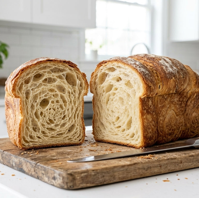 Two halves of a freshly baked artisan bread loaf on a wooden cutting board, with a knife resting beside it in a bright, modern kitchen setting.
