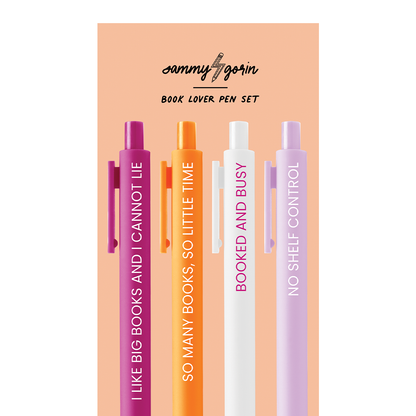 Set of four pens with motivational phrases on a peach background, featuring the brand 'Sammy Gorin'.
