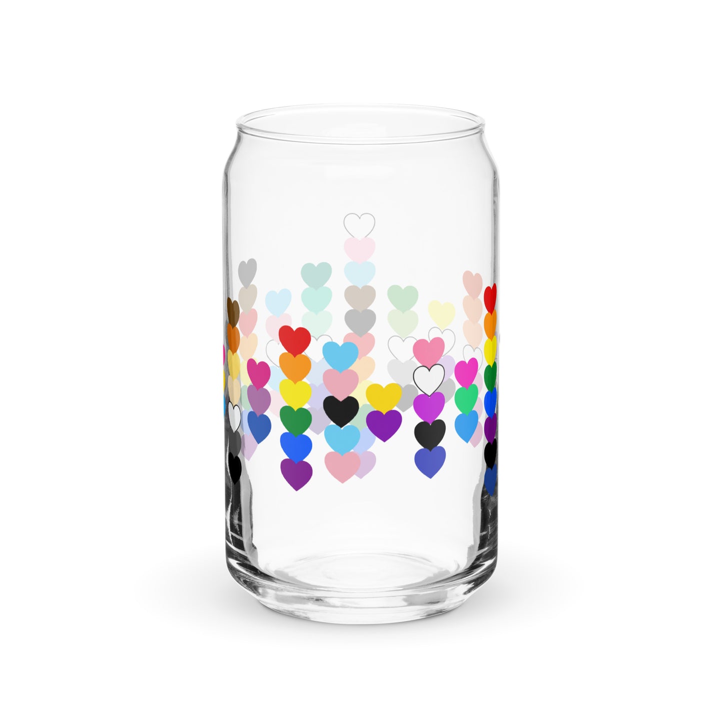 LGBTQIA Pride Rainbow Hearts Can-Shaped Glass Tumbler by Spinsterly Co, clear glass with colorful heart print