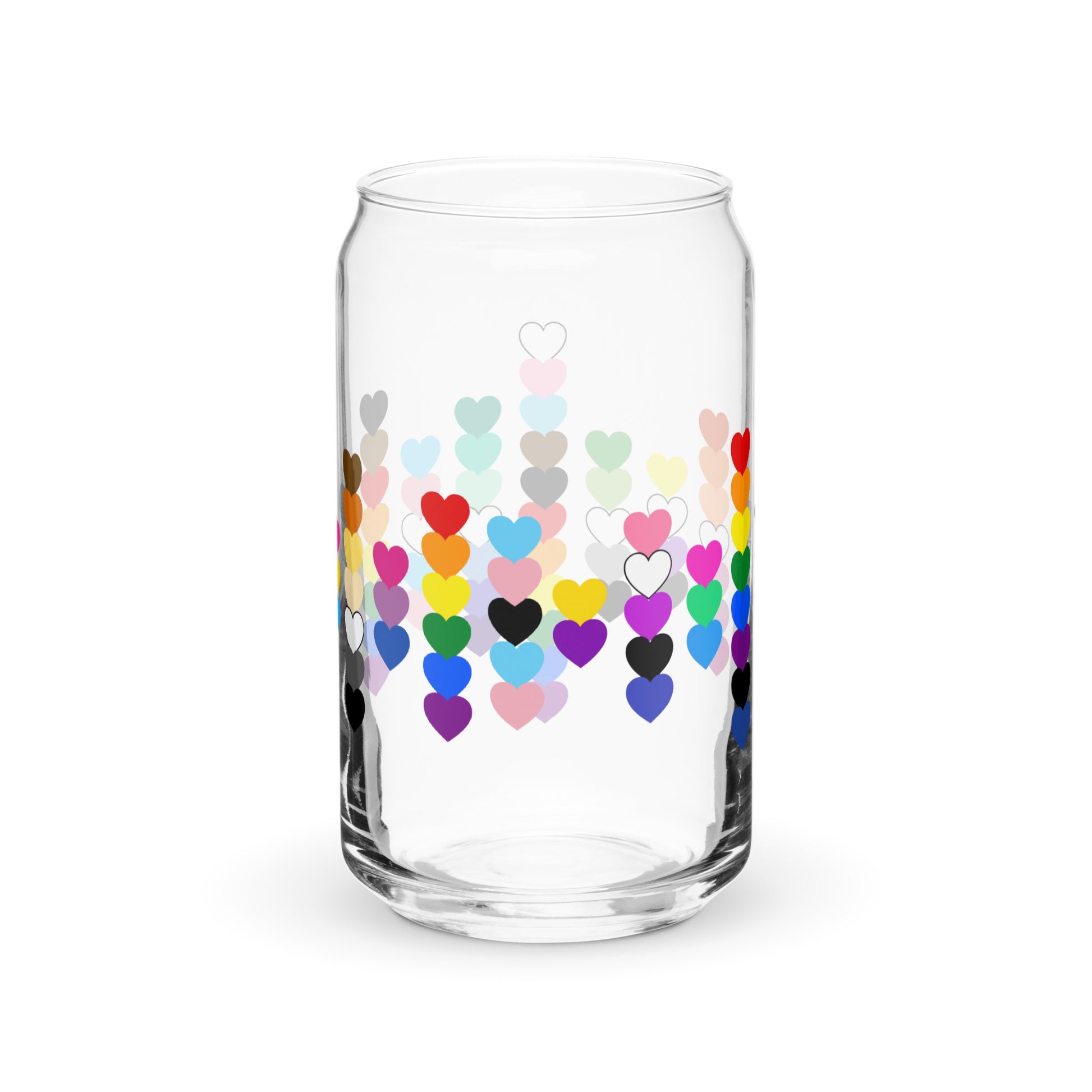 LGBTQIA Pride Rainbow Hearts Can-Shaped Glass Tumbler by Spinsterly Co, clear glass with colorful heart print