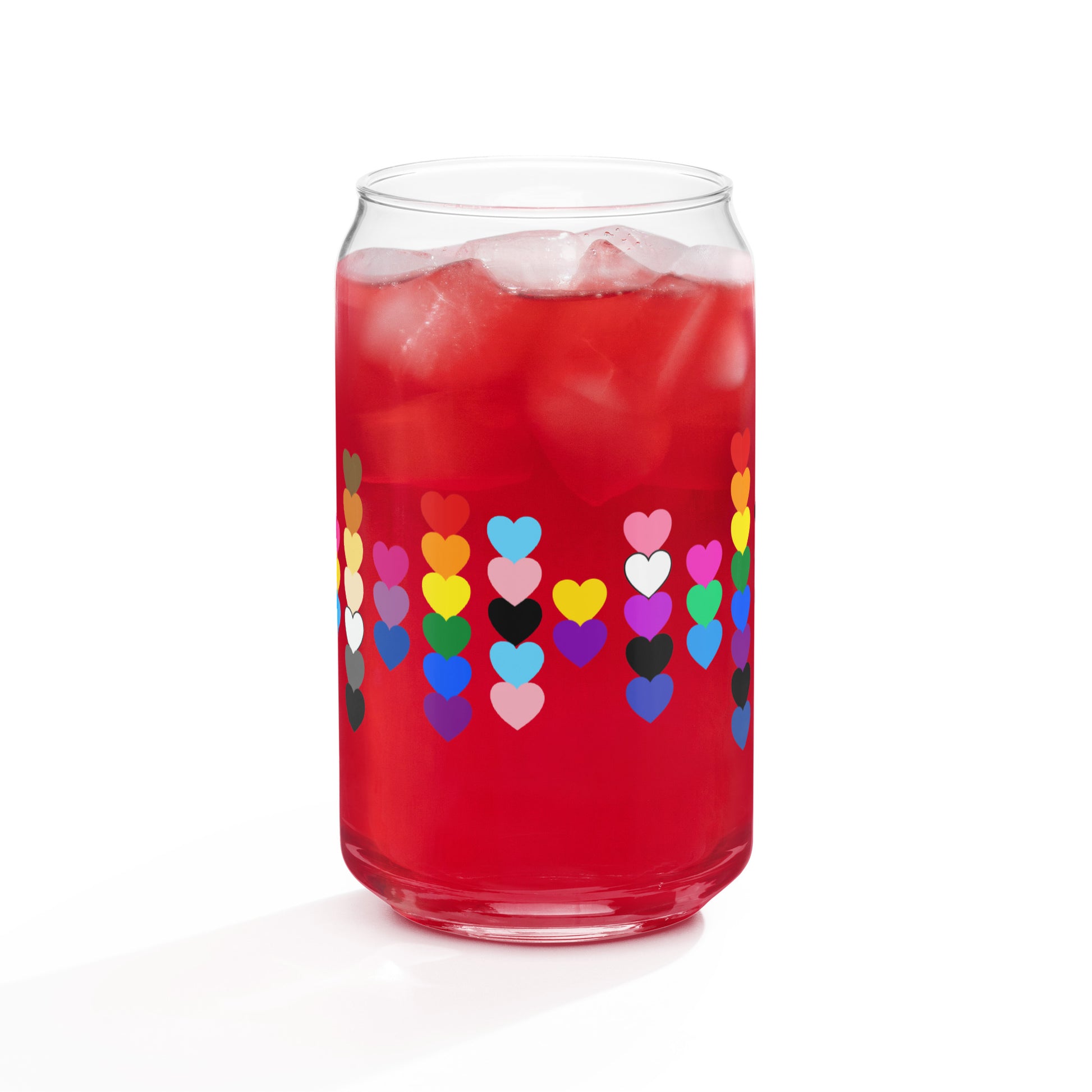 LGBTQIA Pride Rainbow Hearts Can-Shaped Glass Tumbler by Spinsterly Co, clear red with printed hearts