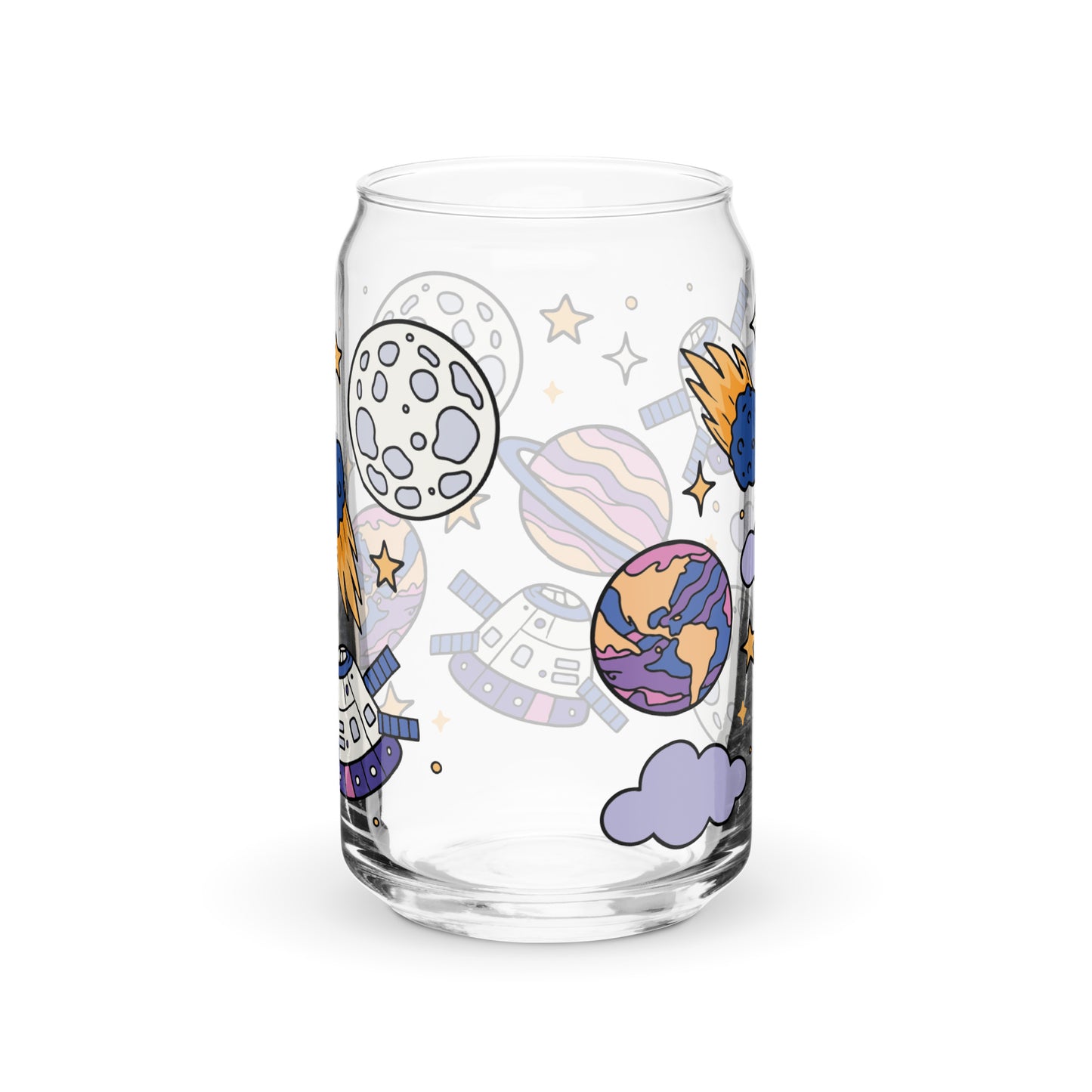 Kawaii Space Scatter Cosmic Glass Tumbler Spinsterly Co clear can shaped glass tumbler with lid and straw