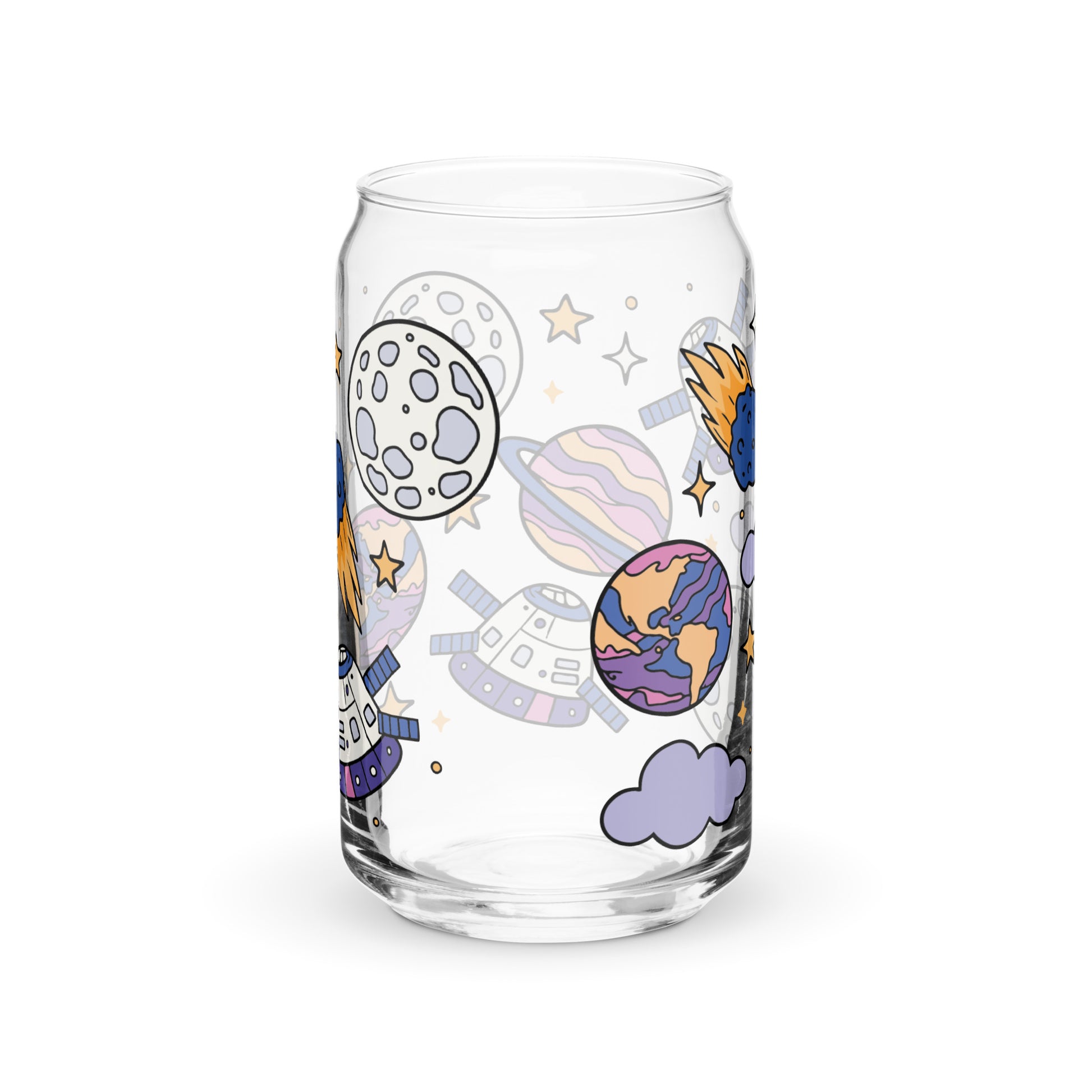 Kawaii Space Scatter Cosmic Glass Tumbler Spinsterly Co clear can shaped glass tumbler with lid and straw