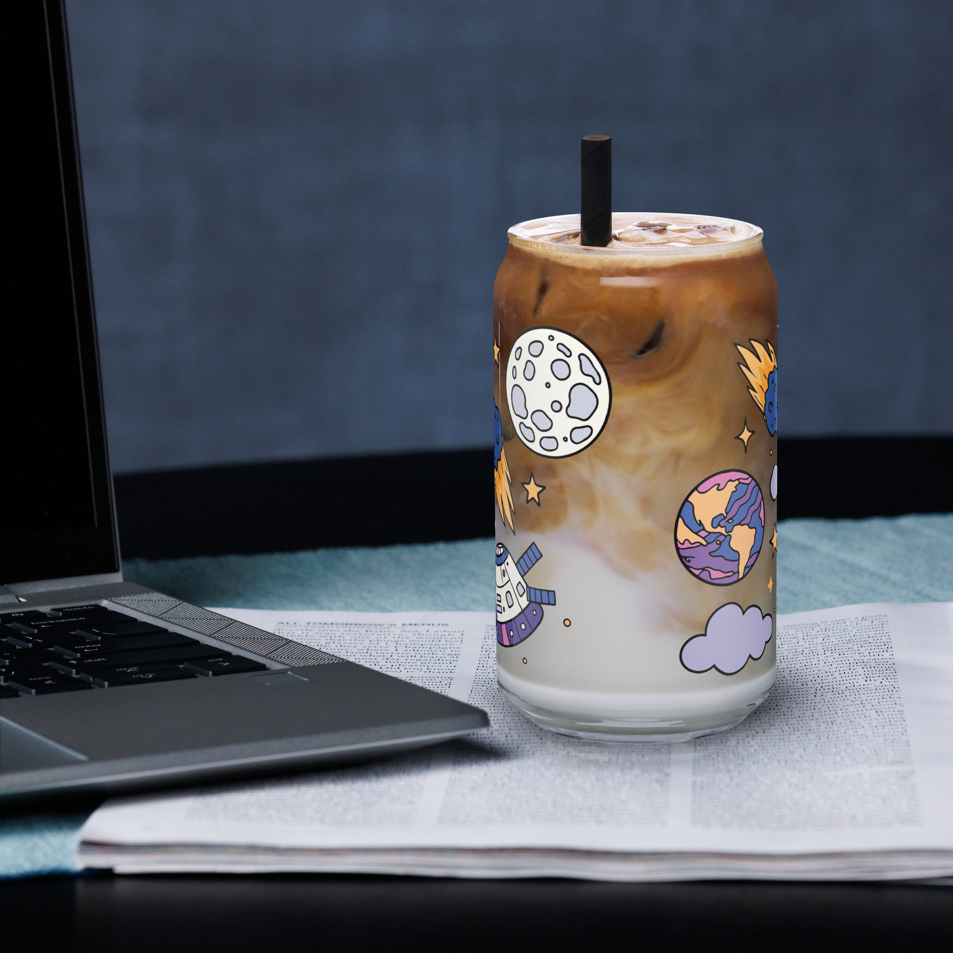 Kawaii Space Scatter Cosmic Glass Tumbler Spinsterly Co can shaped glass tumbler with bamboo lid and metal straw