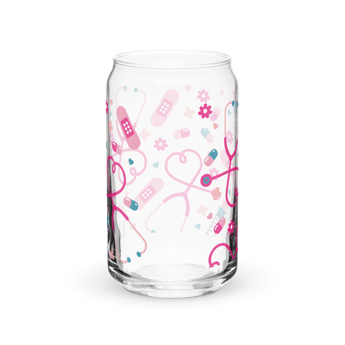 Kawaii Nurse Medical Scatter Can-Shaped Glass Tumbler by Spinsterly Co, clear glass with pink and blue icons