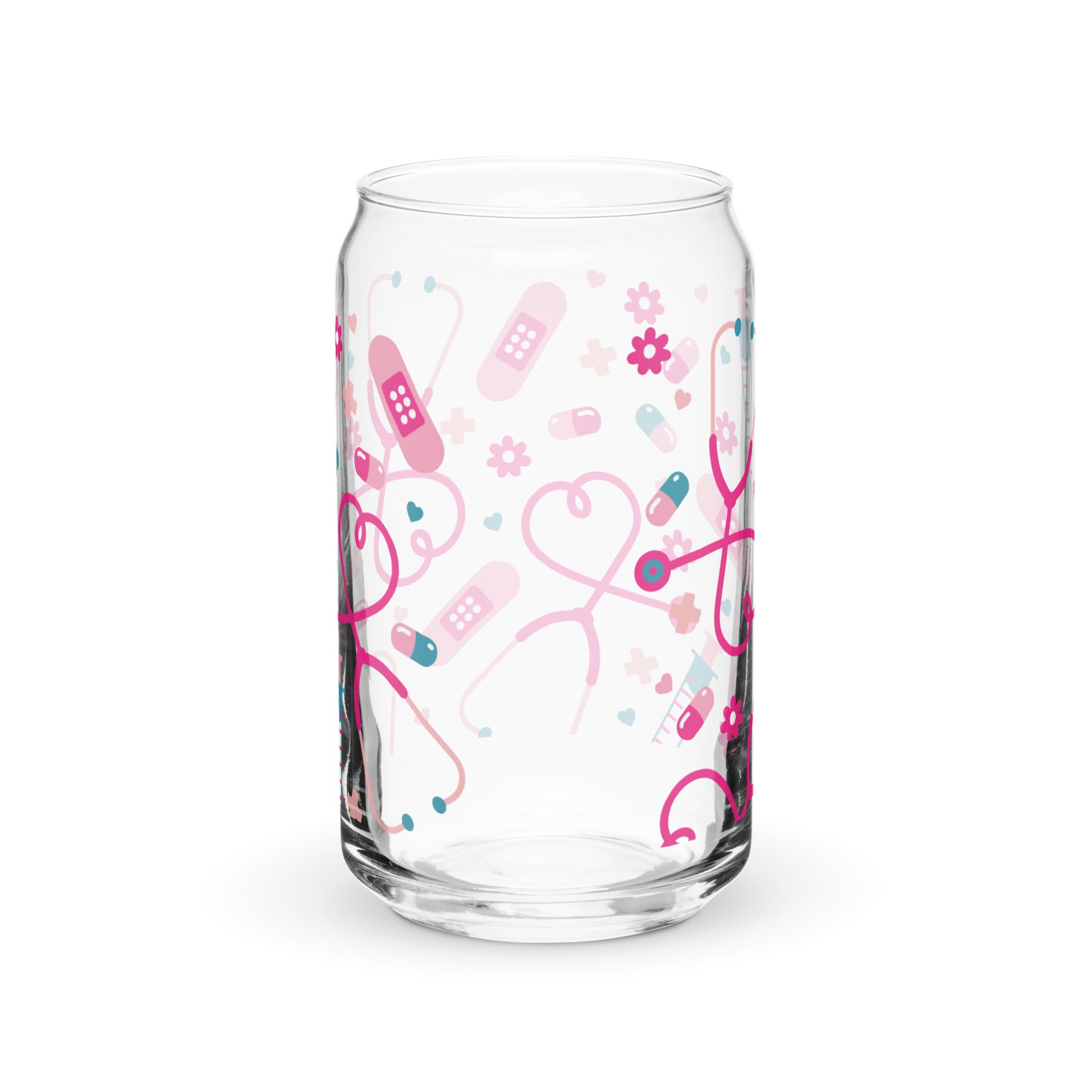 Kawaii Nurse Medical Scatter Can-Shaped Glass Tumbler by Spinsterly Co, clear glass with pink and blue icons