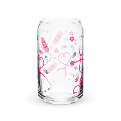 Kawaii Nurse Medical Scatter Can-Shaped Glass Tumbler by Spinsterly Co, clear glass with pink and blue icons