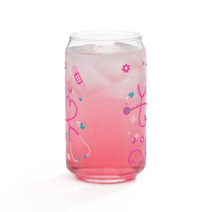 Kawaii Nurse Medical Scatter Can-Shaped Glass Tumbler by Spinsterly Co, pink clear glass with printed stethoscope