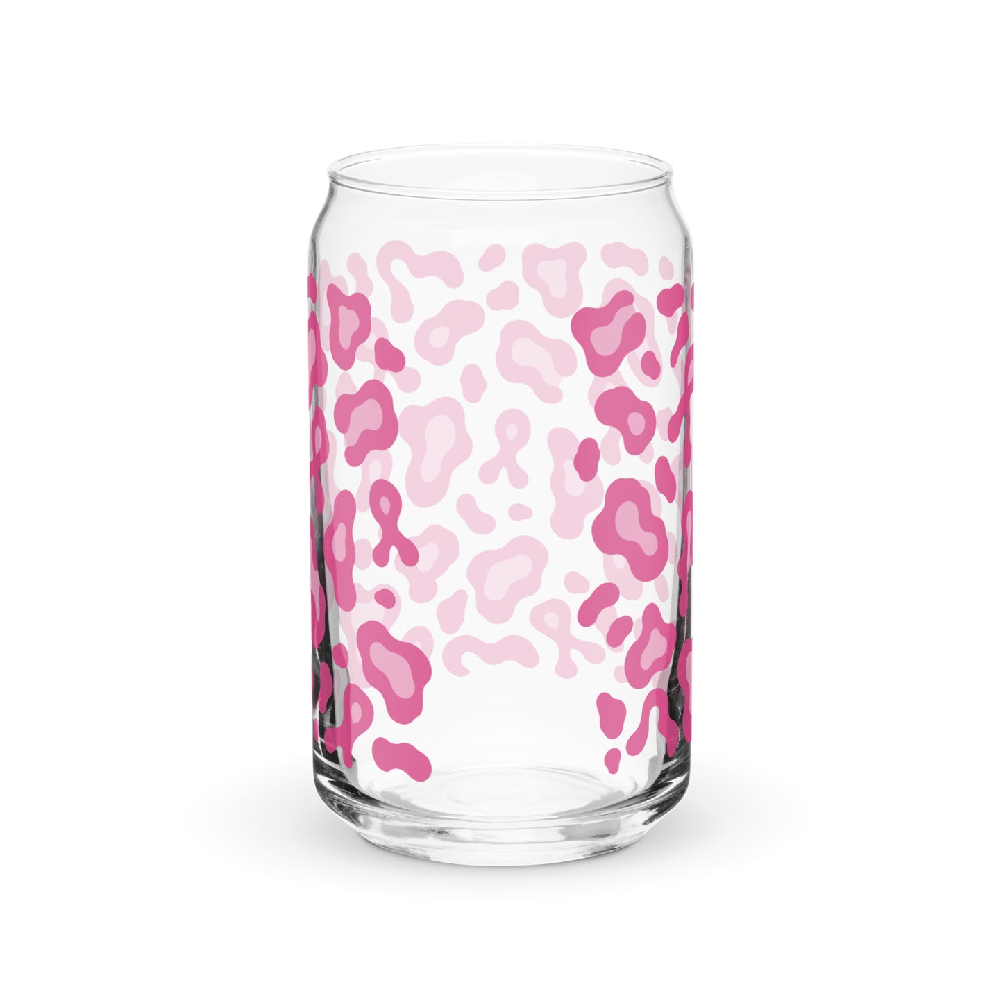 A clear glass can-shaped tumbler with a pink and light pink leopard print pattern, shown on a clean white background.