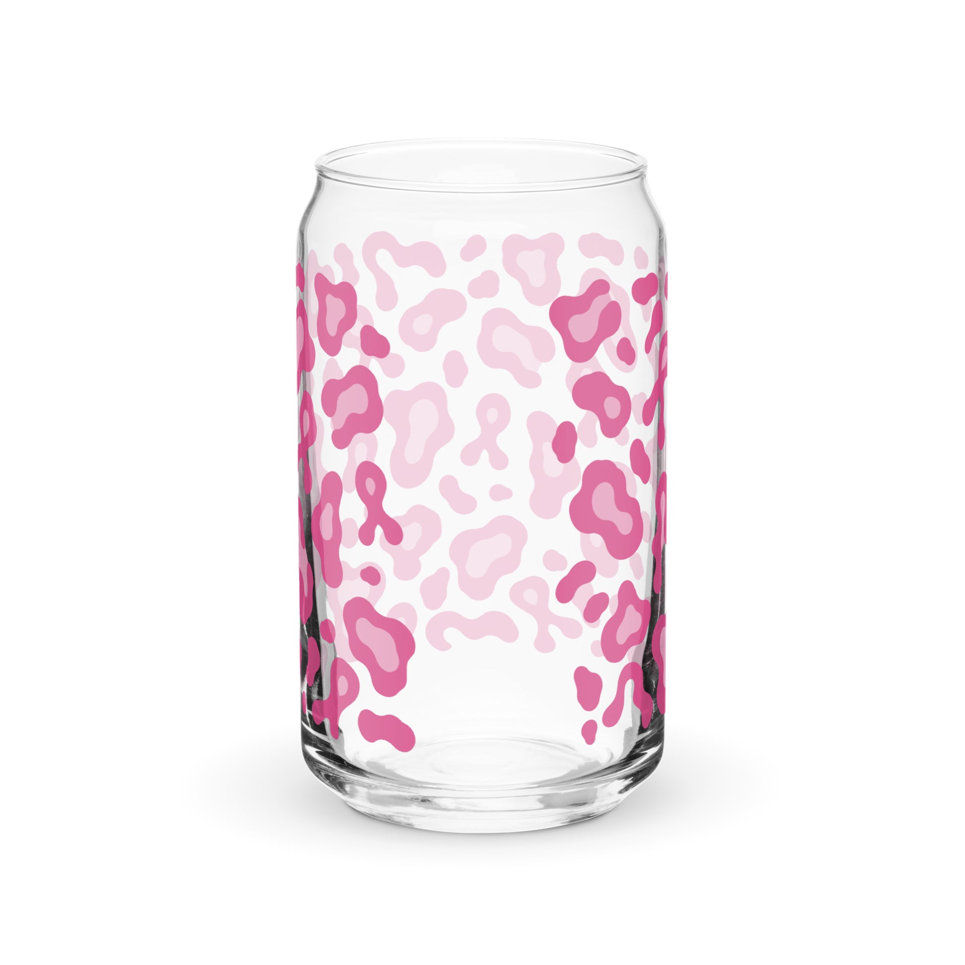 A clear glass can-shaped tumbler with a pink and light pink leopard print pattern, shown on a clean white background.