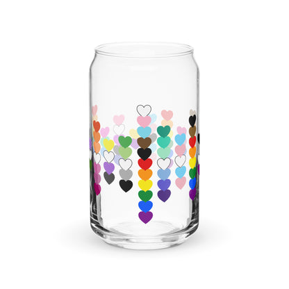 LGBTQIA Pride Rainbow Hearts Can-Shaped Glass Tumbler by Spinsterly Co, clear glass with colorful heart print