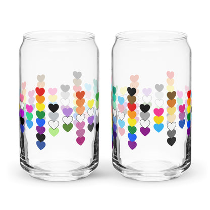LGBTQIA Pride Rainbow Hearts Can-Shaped Glass Tumbler by Spinsterly Co, clear glass with colorful heart print