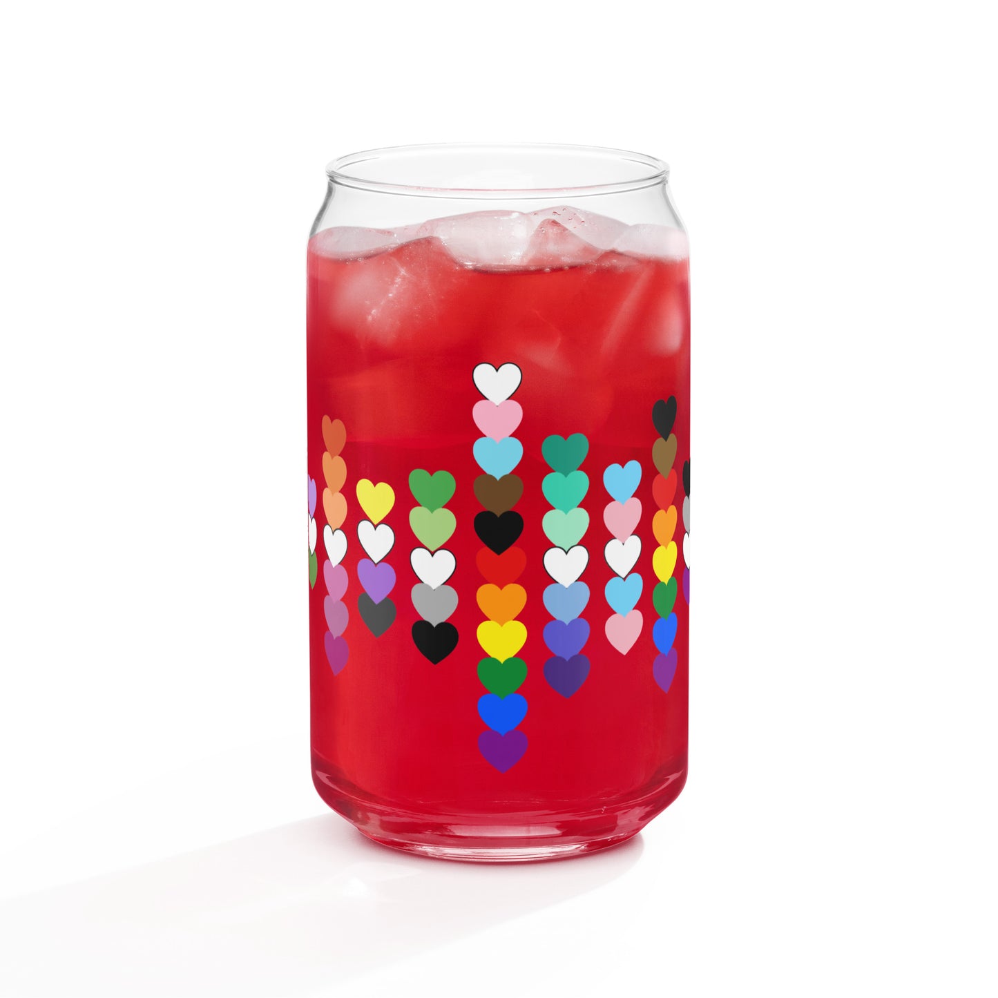 LGBTQIA Pride Rainbow Hearts Can-Shaped Glass Tumbler by Spinsterly Co, red glass with printed hearts
