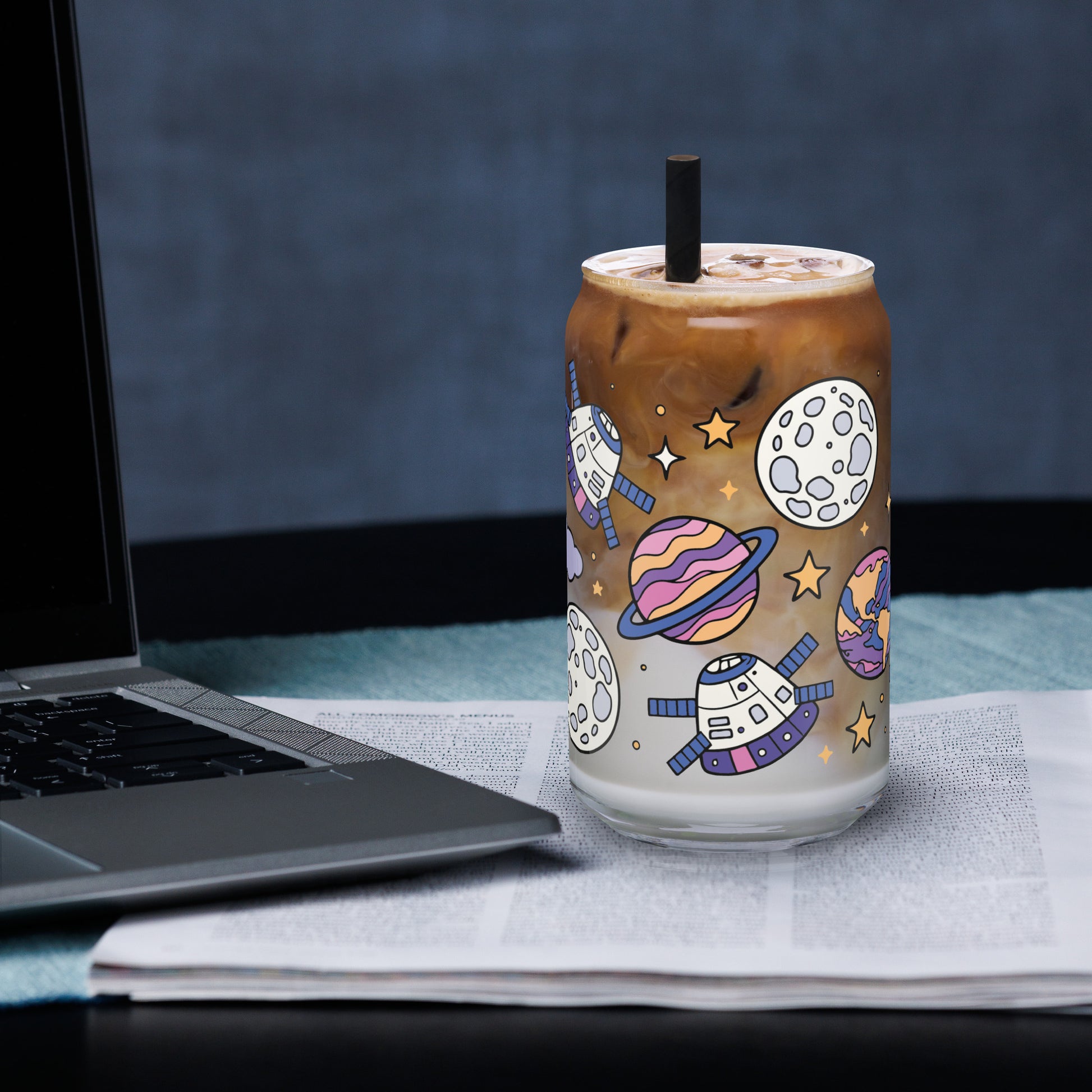 Kawaii Space Scatter Cosmic Glass Tumbler Spinsterly Co can shaped glass tumbler with bamboo lid and metal straw