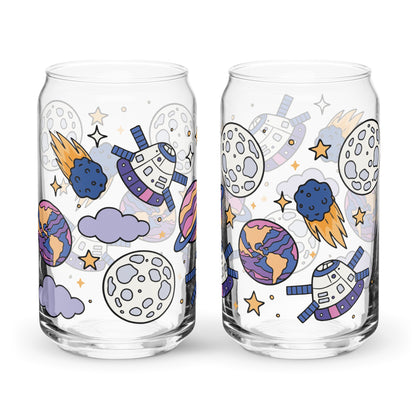 Kawaii Space Scatter Cosmic Glass Tumbler by Spinsterly Co, clear galaxy print can-shaped 16 oz cup