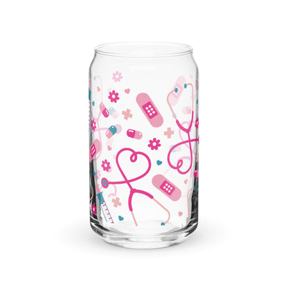 Kawaii Nurse Medical Scatter Can-Shaped Glass Tumbler by Spinsterly Co, clear glass with pink nurse icons