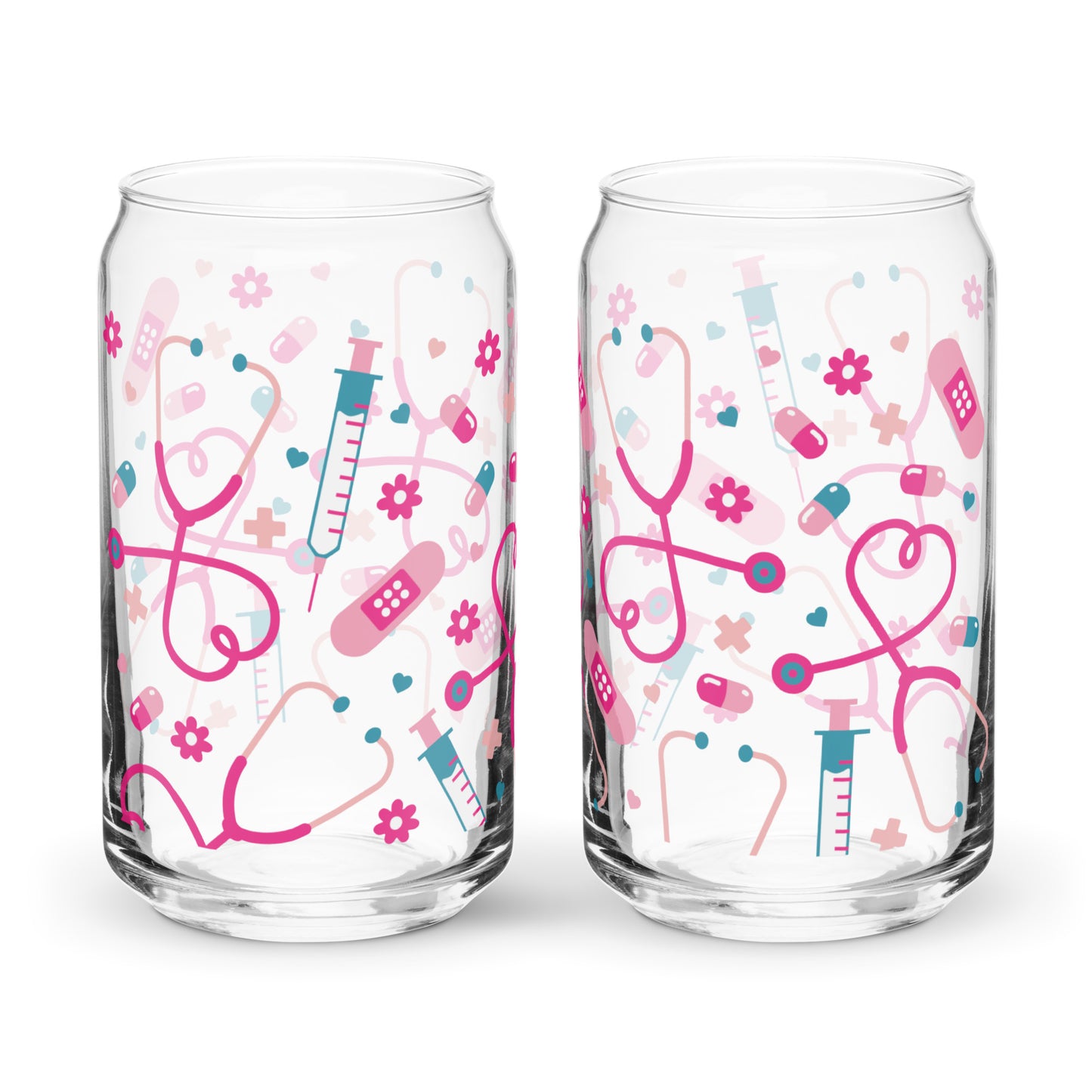 Kawaii Nurse Medical Scatter Can-Shaped Glass Tumbler by Spinsterly Co with clear glass and pink nurse print