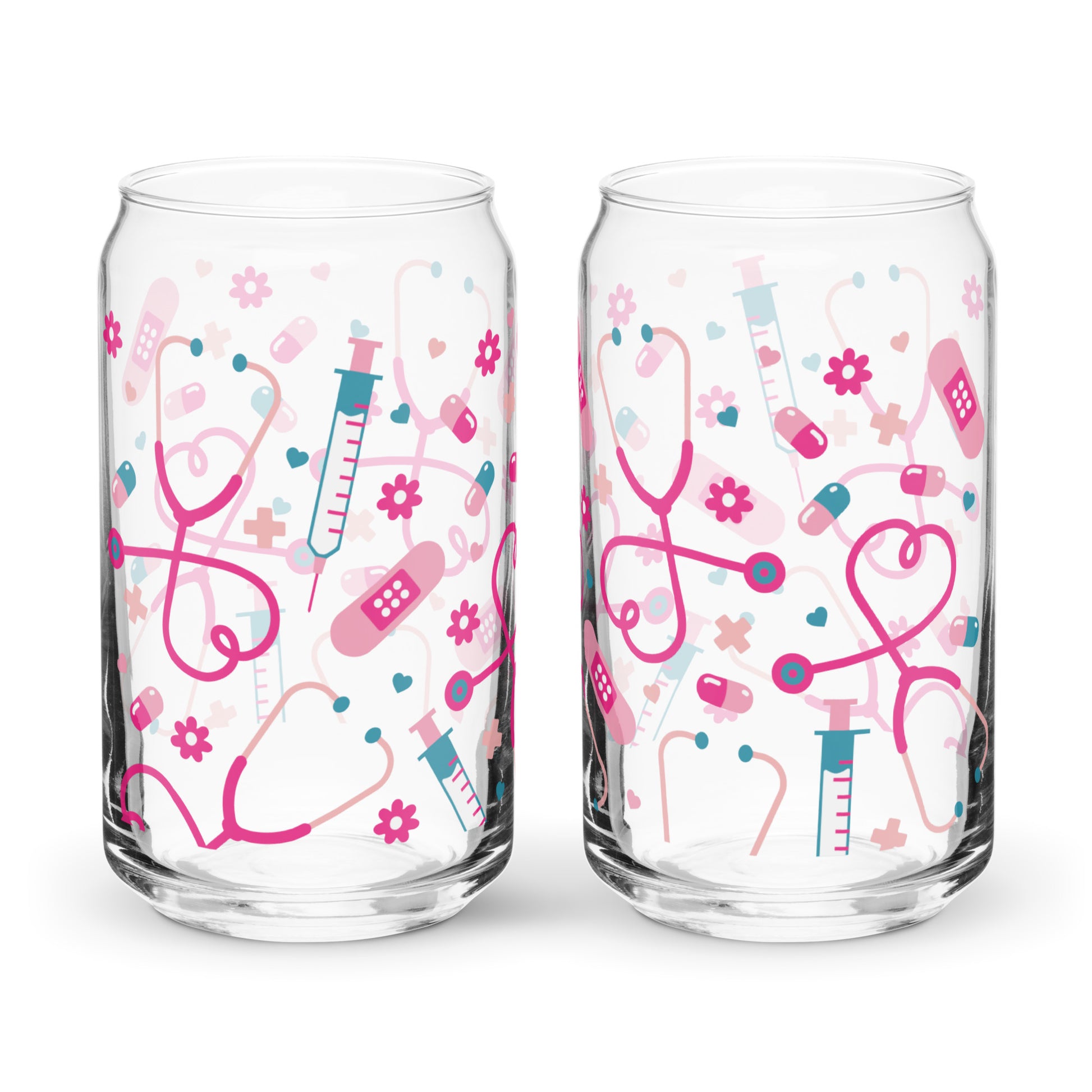 Kawaii Nurse Medical Scatter Can-Shaped Glass Tumbler by Spinsterly Co with clear glass and pink nurse print