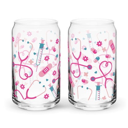 Kawaii Nurse Medical Scatter Can-Shaped Glass Tumbler by Spinsterly Co with clear glass and pink nurse print
