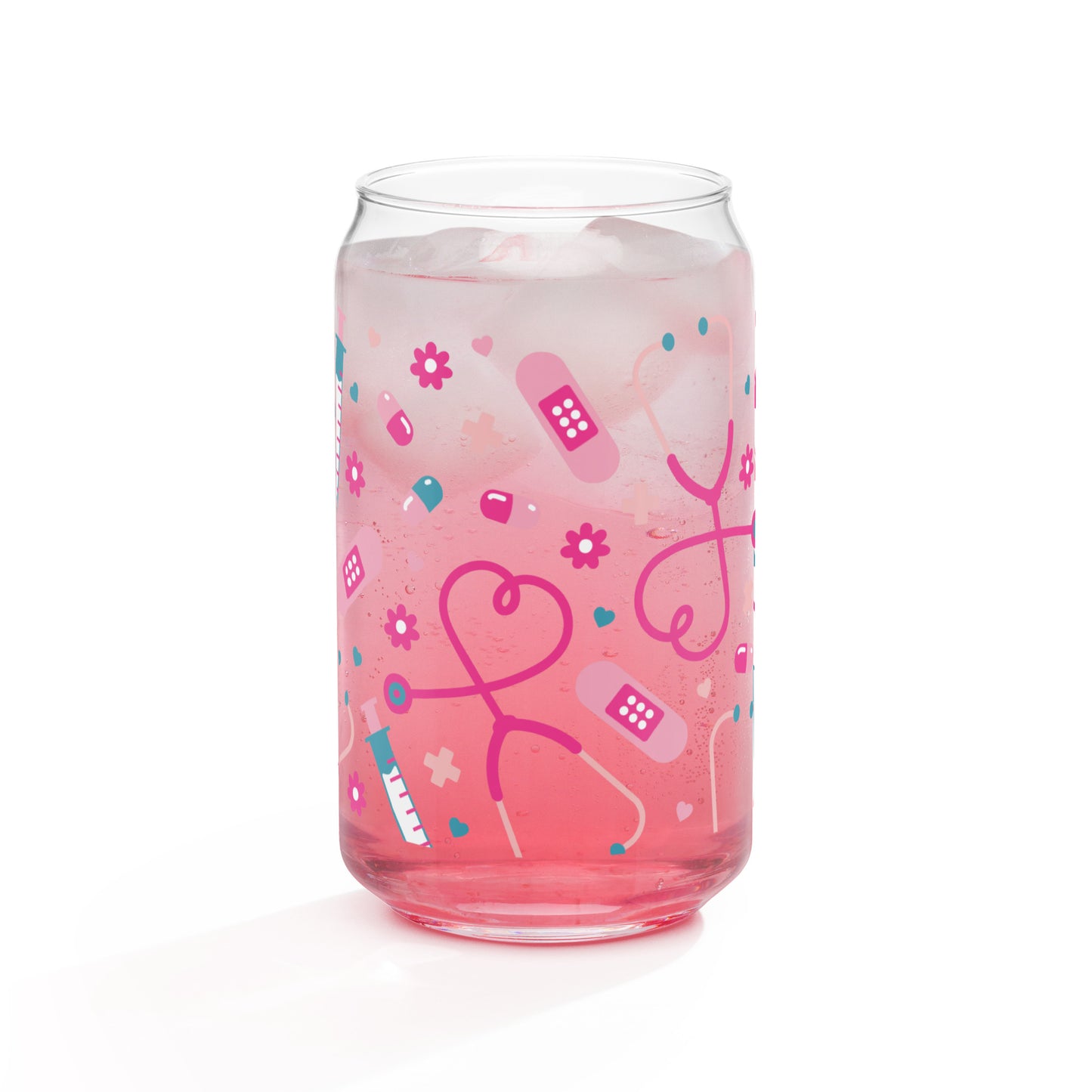 Kawaii Nurse Medical Scatter Can-Shaped Glass Tumbler by Spinsterly Co in pink with clear printed design