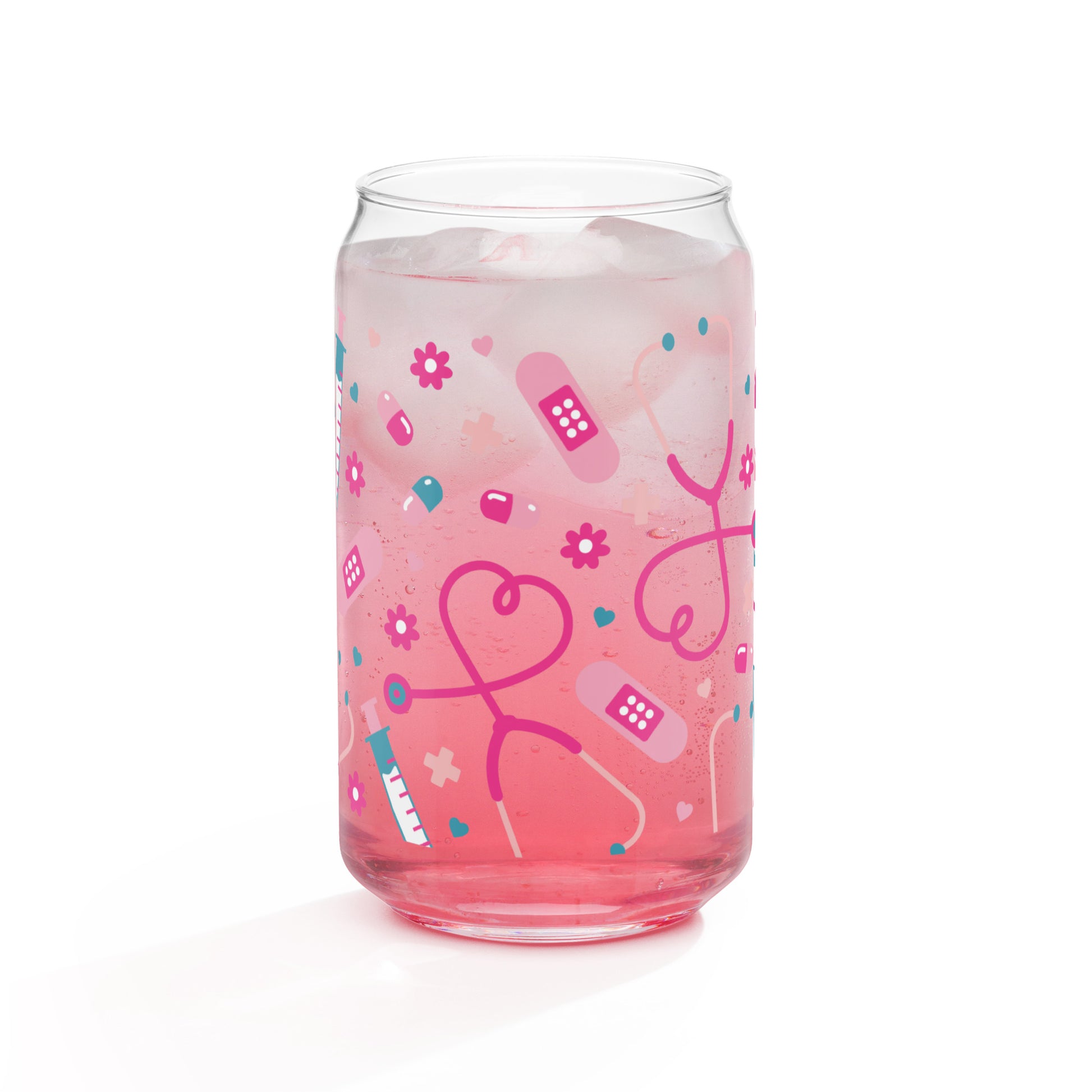 Kawaii Nurse Medical Scatter Can-Shaped Glass Tumbler by Spinsterly Co in pink with clear printed design