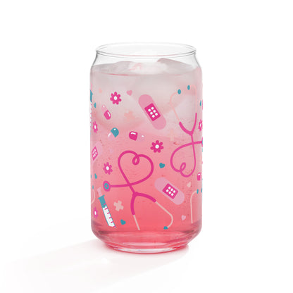 Kawaii Nurse Medical Scatter Can-Shaped Glass Tumbler by Spinsterly Co in pink with clear printed design