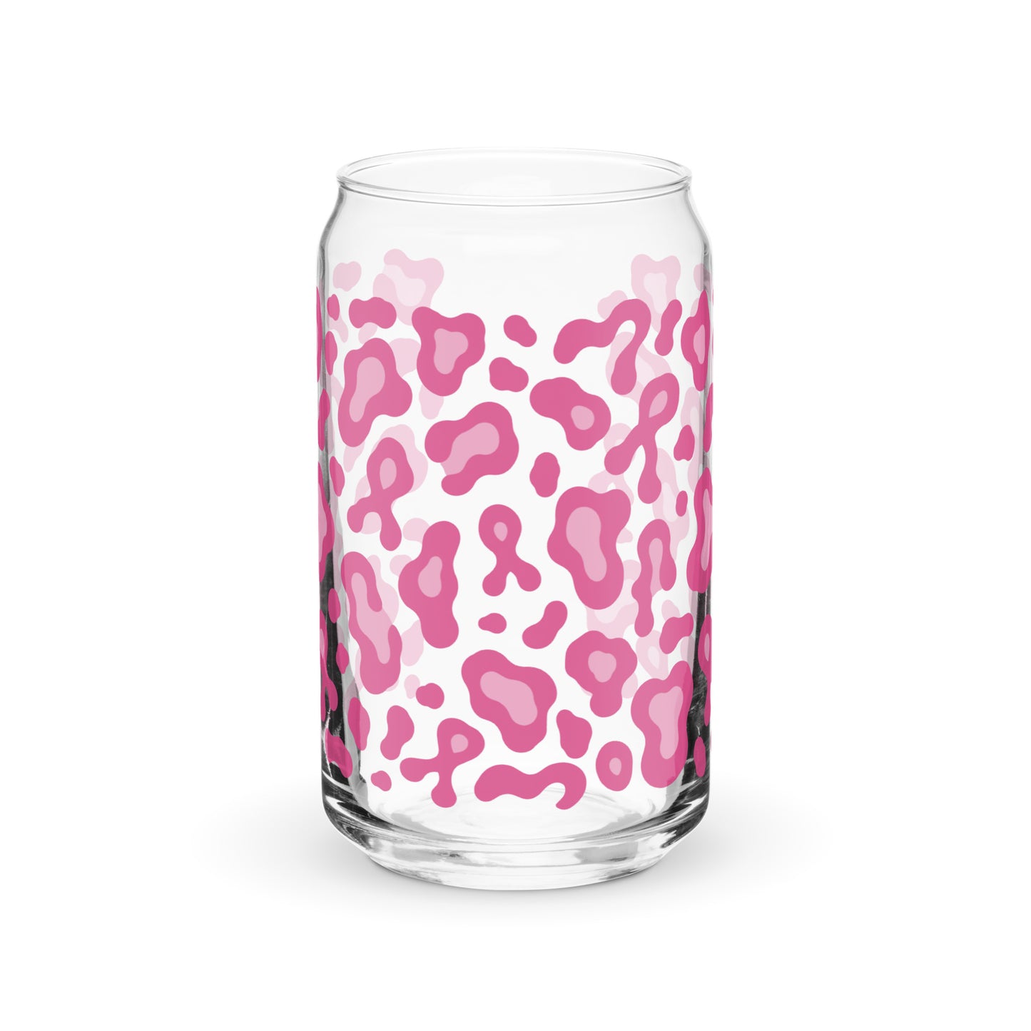 A clear glass can-shaped tumbler with a pink leopard print pattern, shown on a clean white background.